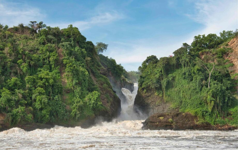 Murchison Falls vattenfall som faller genom ravinen med gröna träd runt