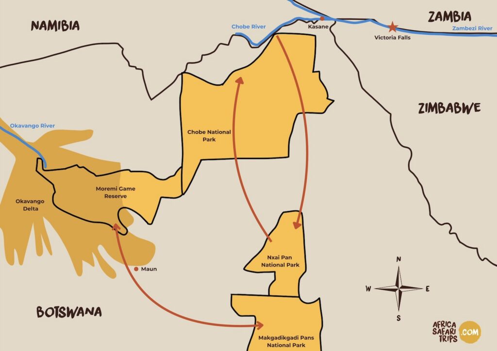 Karta över Botswana med Okavangodeltat, Moremi Game Reserve, Chobe, Nxai Pan och Makgadikgadi Pans
