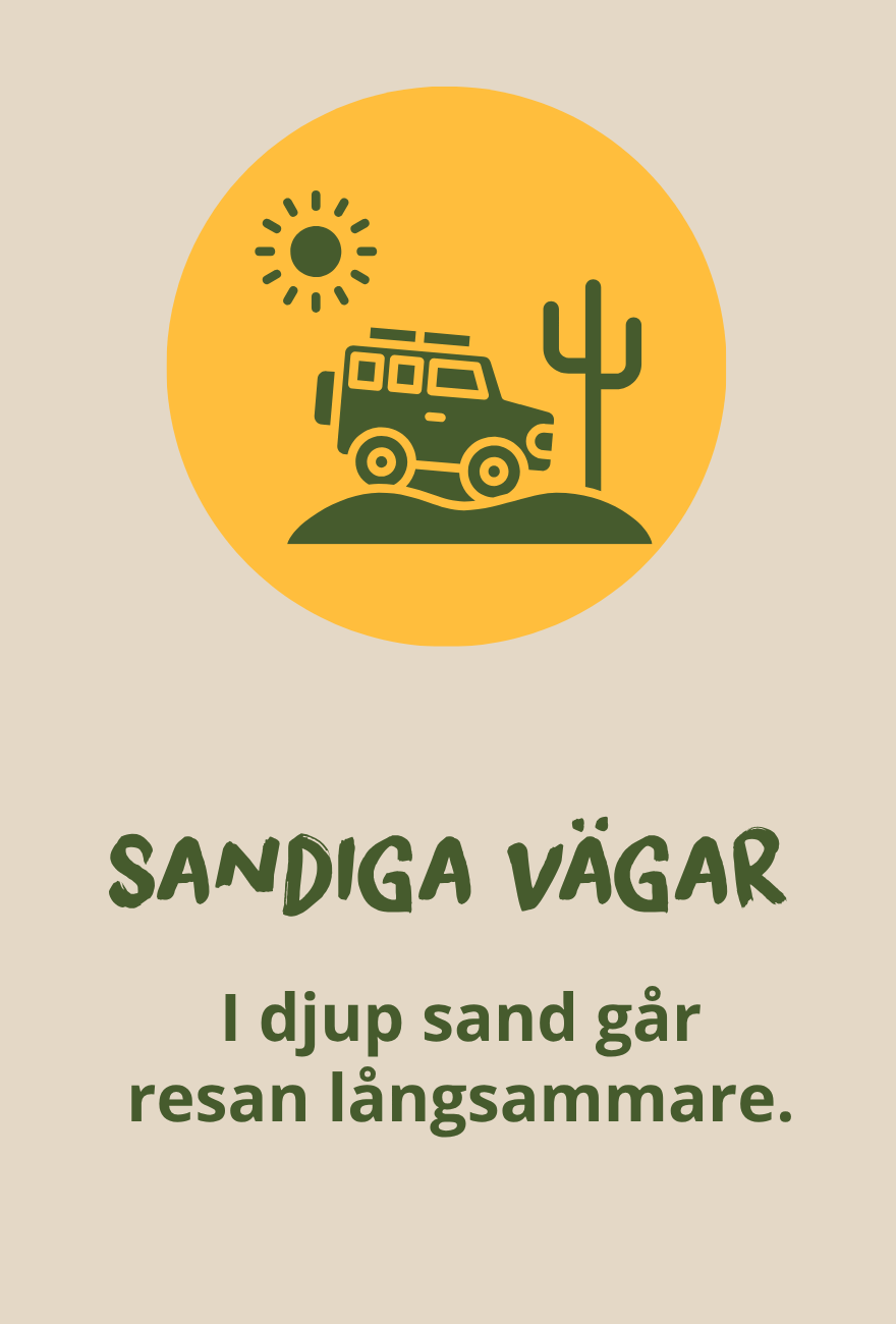 Illustration av en safarijeep på en sandig väg, där djup sand kan göra resan långsammare.