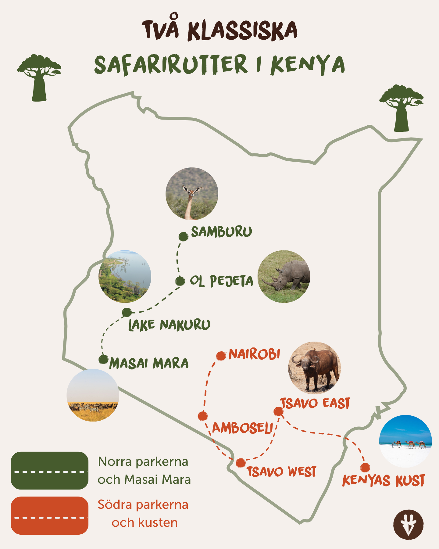 Två klassiska safarirutter genom Kenya: de norra parkerna och Masai Mara samt de södra parkerna och Kenyas kust.